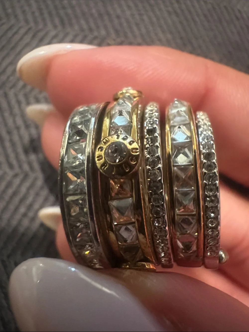 Henri Bendel Stackable Gold and Silver Crystal Band Ring 5 stack